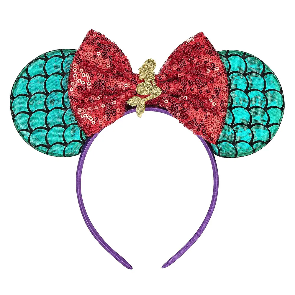 Cartoon Mermaid Mouse Ears Headband With Sequin Bows For Girls Birthday Party Favors Hair Hoops