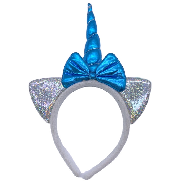 Kids Unicorn Headbands Silver Glitter Blue Horn Birthday Party Supply