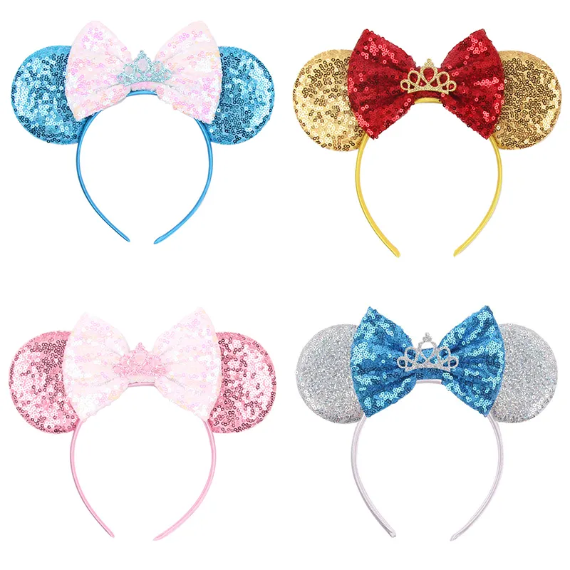 Women Girls Sparkly Sequin Mouse Ears Bow Headband With Cute Crown For Kids Birthday Holiday Party Gifts