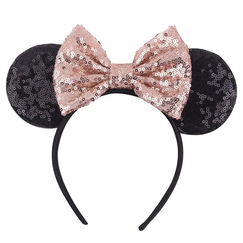 Black Mouse Ears Headband With Gold Sequin Bow Women Girls Party Decoration Headwear Hairclips