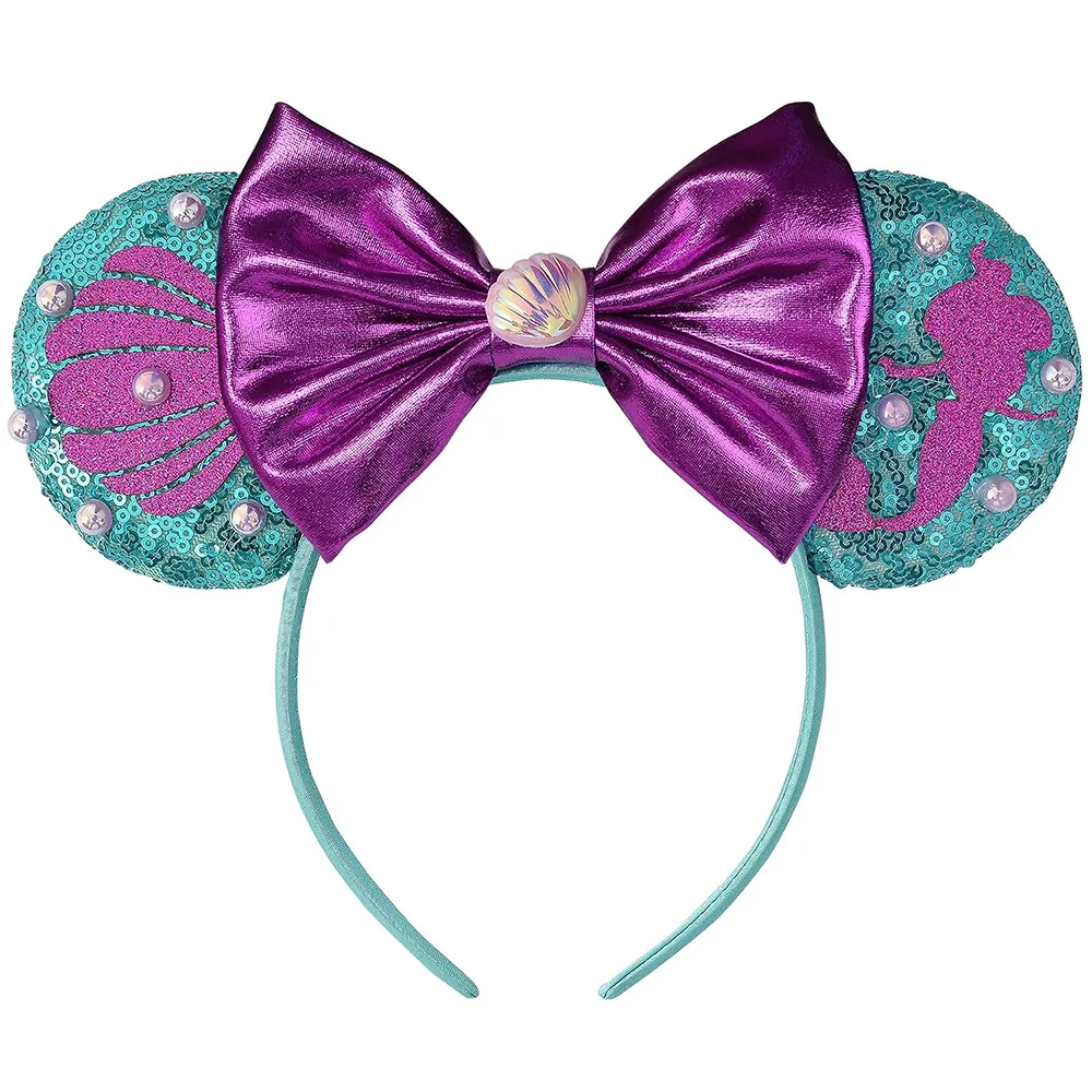 Little Mermaid Mouse Ears Bow Headbands Glitter Sequin Purple Bow Hairband Women Girls Hair Hoops