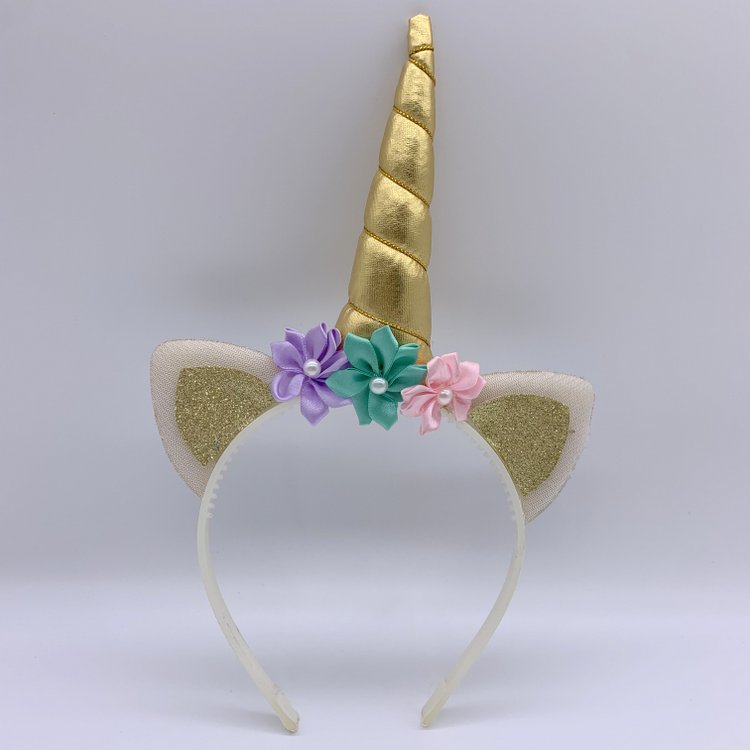Plastic Girls Cat Ears Unicorn Headband with Flowers, Gold Glitter Baby Unicorn Hair Band Birthday Party Favor