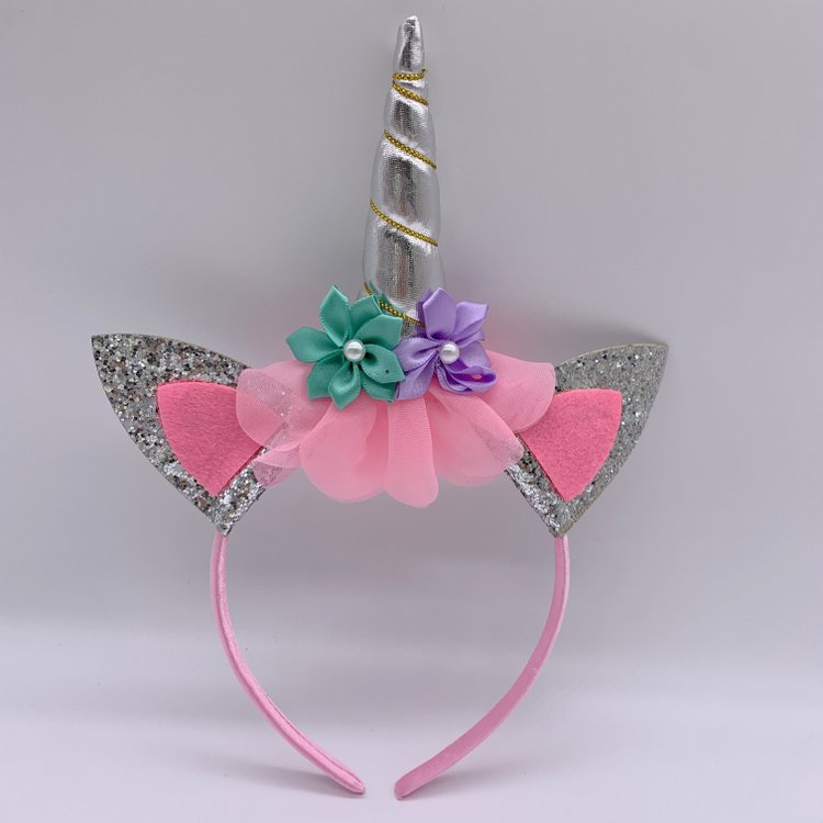 Pastel Pink Girls Cat Ears Unicorn Headband with Flower Crown, Plastic Silver Glitter Baby Unicorn Hair Band