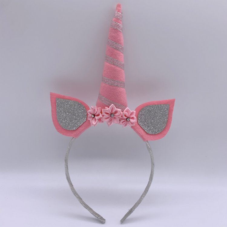 Plastic Pink Unicorn Kitty Headbands for Girls Floral Unicorn Alice Band, Glitter Cat Ears Unicorn Horn Hair Band
