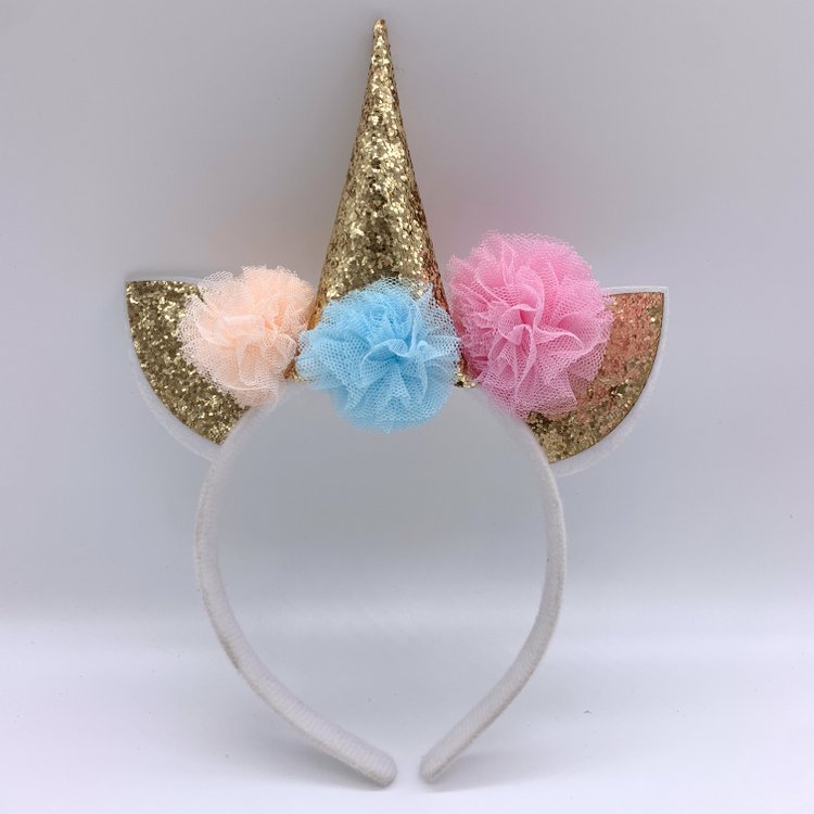 Plastic Unicorn Kitty Headbands for Girls Flower Unicorn Alice Band, Gold Sequin Cat Ears Unicorn Horn Hair Band