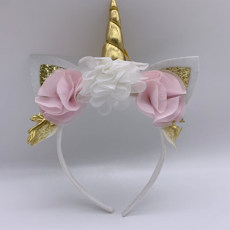 Plastic Unicorn Horn Cat Ears Headbands for Girls Adult, Gold Sequin Floral Unicorn Hair Band Party Supplies