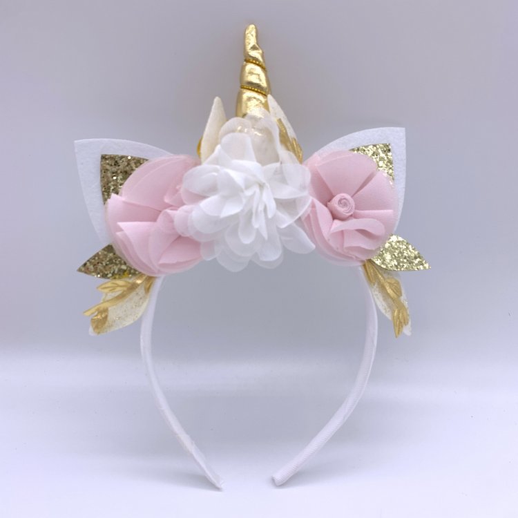 Gold Sequin Horn Cat Ear Unicorn Headbands for Girls Adult, Plastic White Unicorn Flower Crown Hair Band Party
