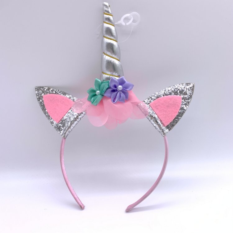 Sparkly Sequin Horn Cat Ear Unicorn Alice Band for Girls Adult, Silver Pink Headband Unicorn Party Favor
