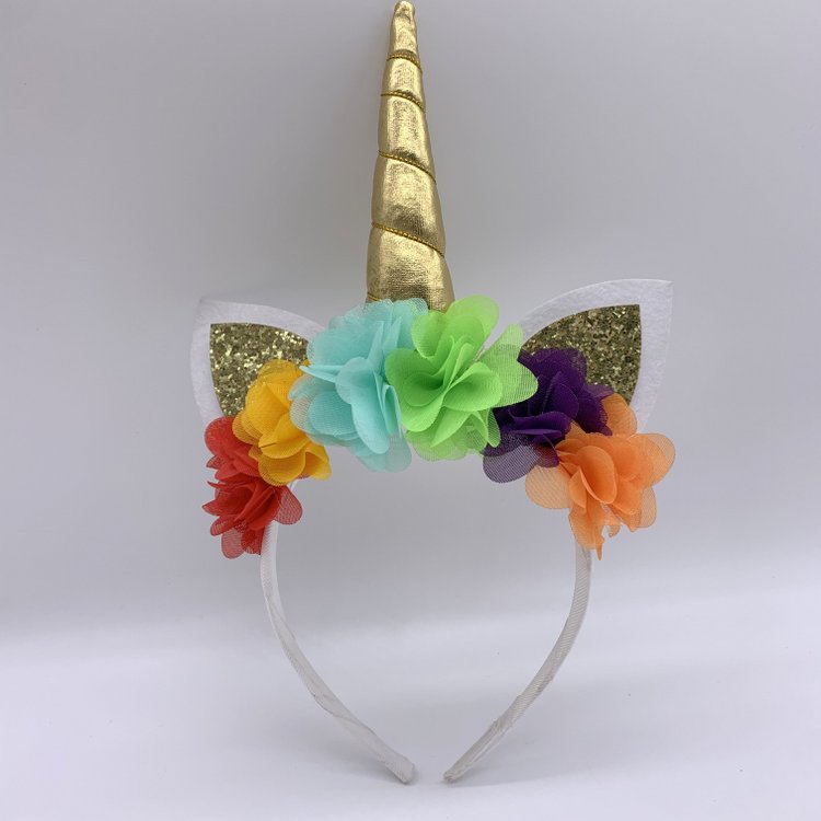 Sparkly Sequin Unicorn Alice Band Gold Horn for Girls Kids Adult, Kitty Cat Unicorn Headband with Flower Crown