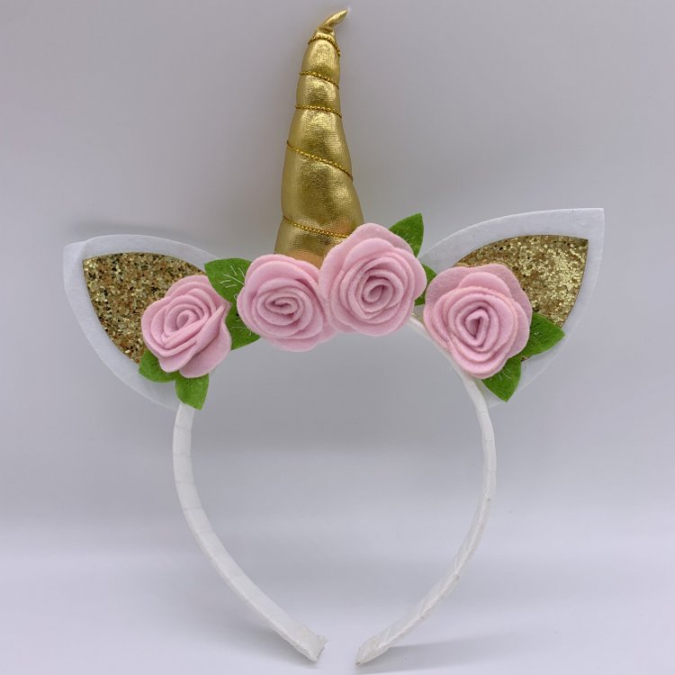 Gold Glitter Horn Unicorn Headband with Flowers Kitty Cat Ear Hair Hoop for Baby Girl Kid Unicorn Headpiece