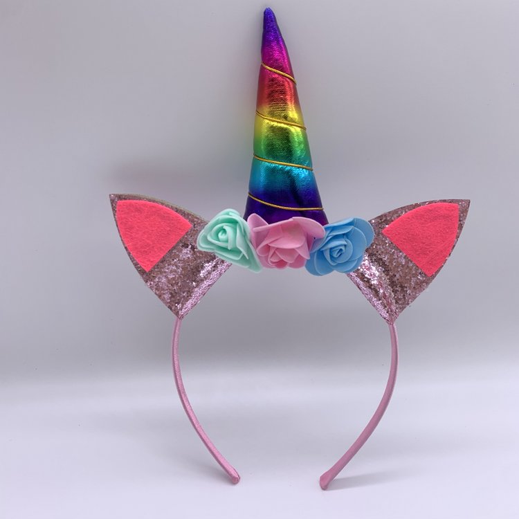 Rainbow Horn Unicorn Headband for Baby Girl Kid Pink Glitter Kitty Cat Ear Hair Hoop with Flowers