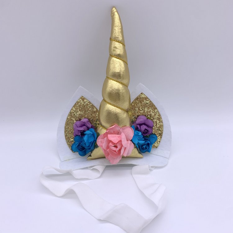 Elastic Unicorn Horn Headband for Newborn Baby Girl Kid, Gold Glitter Cat Ear Hair Hoop with Flowers
