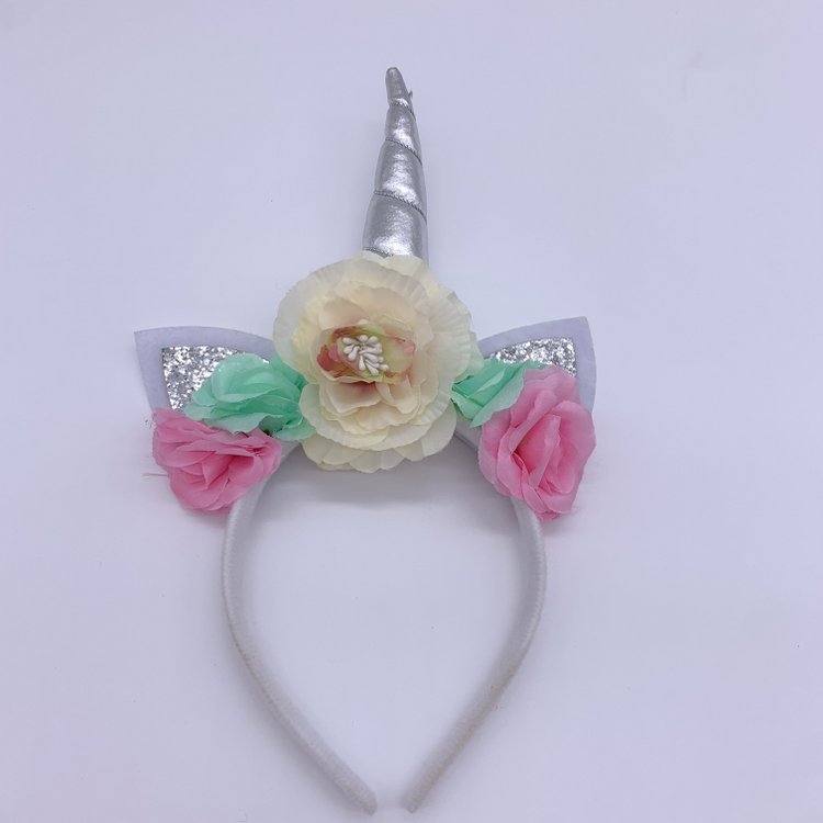 Silver Glitter Unicorn Hair Hoop for Girl Baby Kid Adult, Unicorn Kitty Cat Ear Headband with Flowers
