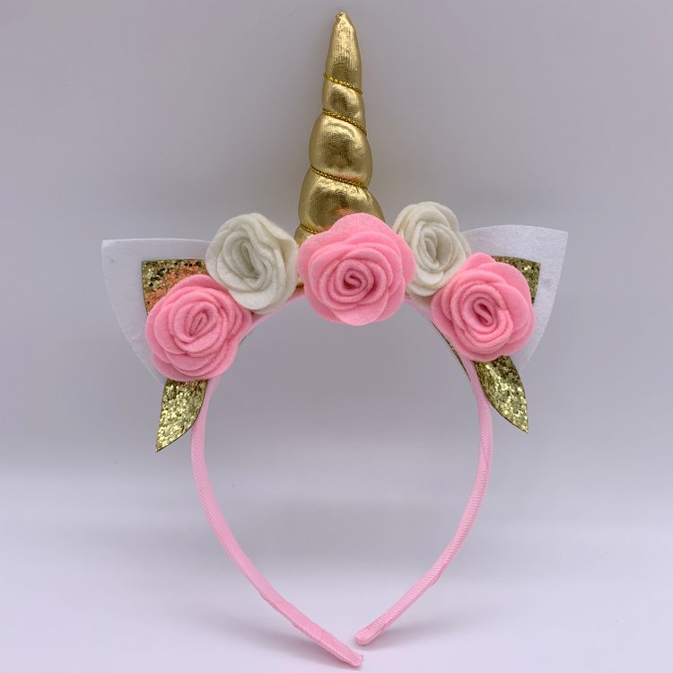 Gold Glitter Unicorn Hair Band for Teen Girls, Unicorn Kitty Cat Ear Headband with Pink Flowers
