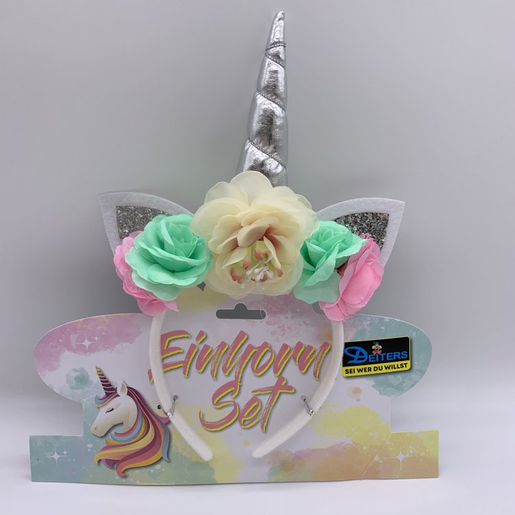 Silver Glitter Horn Unicorn Hair Band for Teen Girls, Kitty Cat Ear Unicorn Headbands with Flower Crown