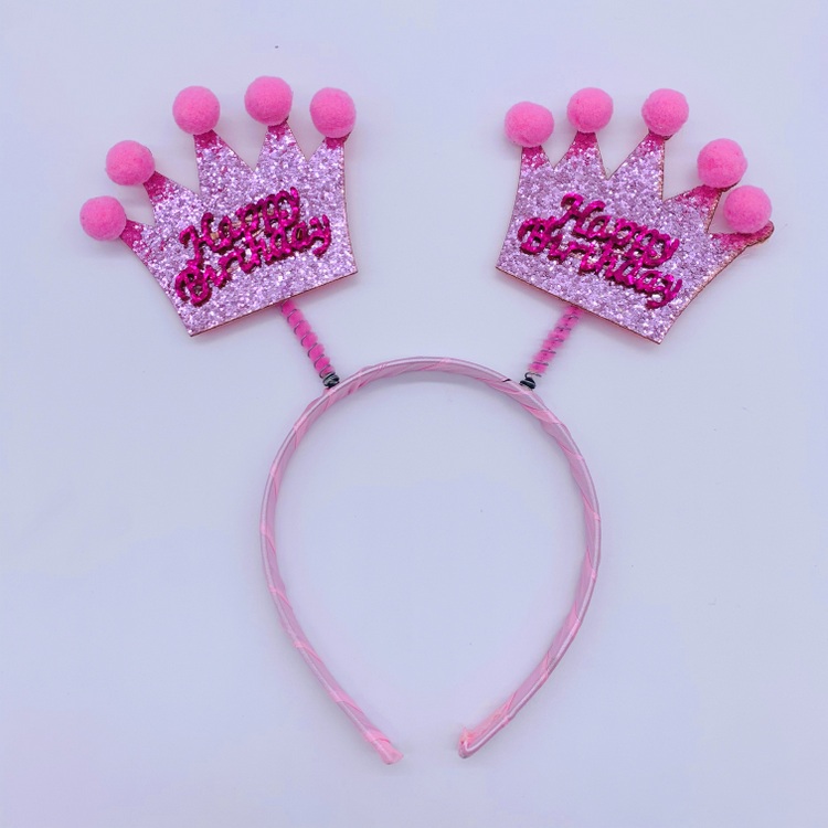 Pink Happy Birthday Crown Head Boppers Glitter Headbands Party Supplies, Birthday Party Photo Props