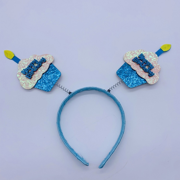 Happy Birthday Cake Head Boppers Headbands for Kids, Blue Glitter Hair Band Birthday Party Photo Props