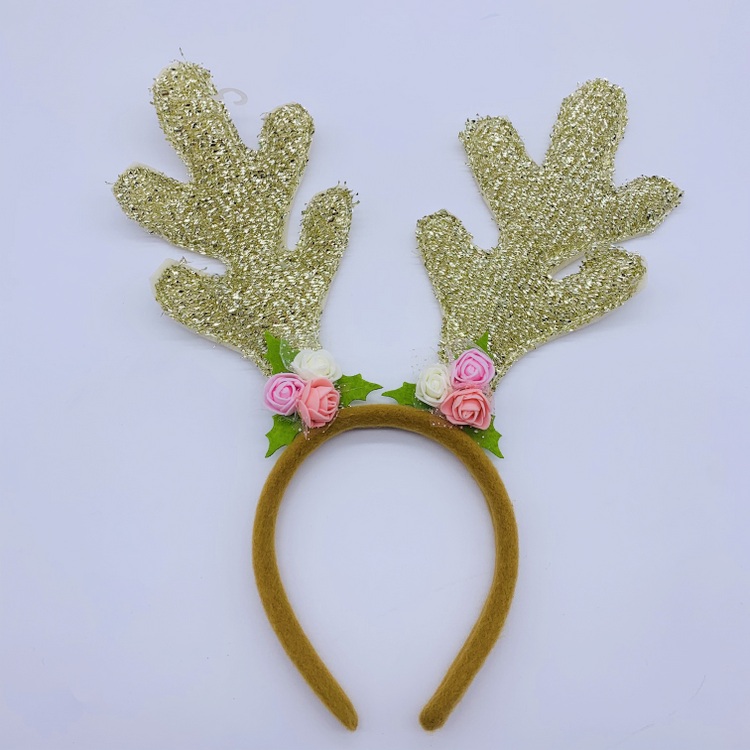 Christmas Headband Gold Glitter Ear Reindeer Antler Hair band, Floral Plush Headwear for Christmas Party