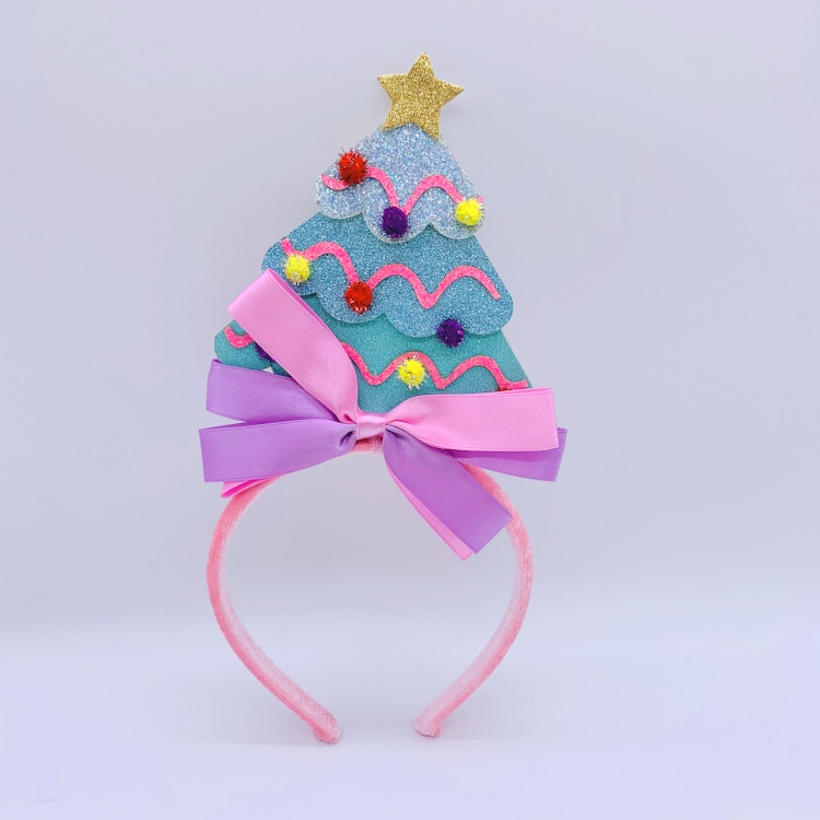 Rainbow Christmas Tree Hair Hoop Glitter Headband, Pink Blue Santa Headwear Christmas Party Photo Props