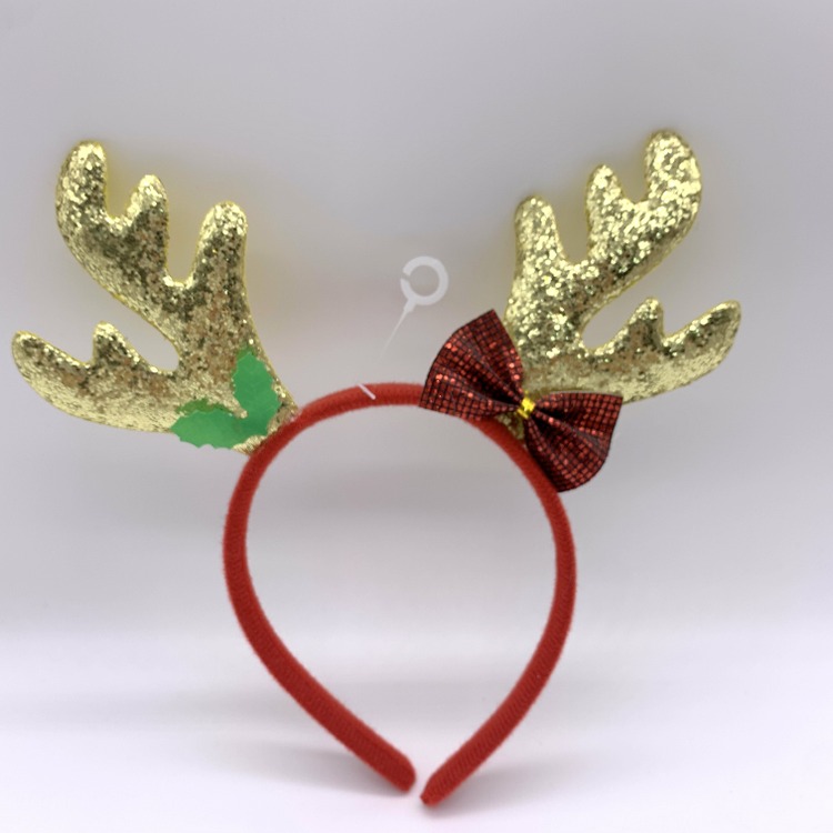 Gold Glitter Reindeer Antler Headbands for Christmas, Red Santa Hair Hoop with Sequin Bow Tie
