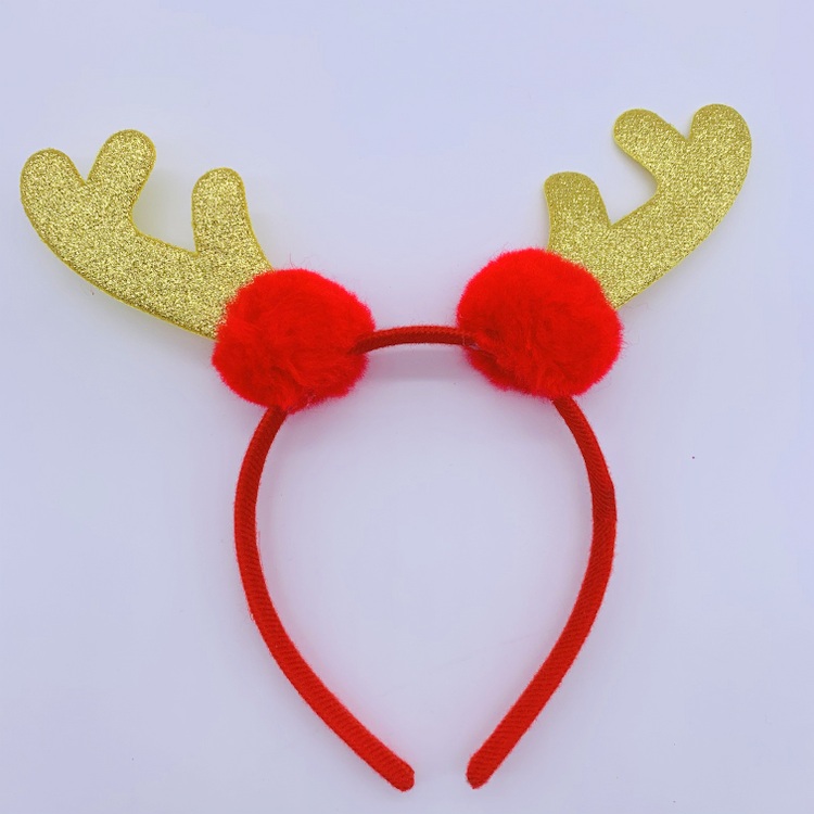 Gold Glitter Reindeer Ears Headbands for Christmas, Red Pom-Pom Santa Hair Hoop Christmas Party Accessories