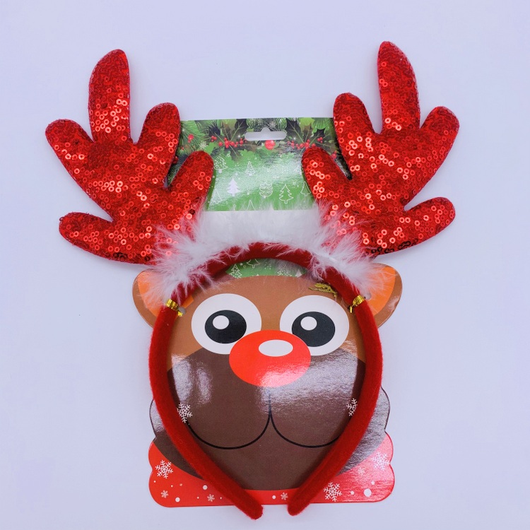 Red Sequin Reindeer Ears Christmas Headbands for Girls, Kids Santa Hair Hoop Headwear Christmas Party Supplies