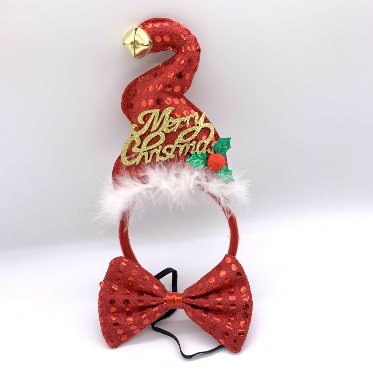 Christmas Costumes Set Santa Headband + Bow Tie, Red Sequin Elf Hat Jingle Bell Headband for Girls Adults