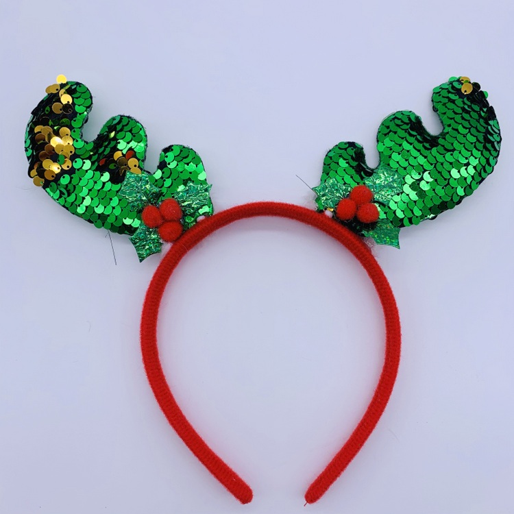 Green Holiday Santa Headband Sparkle Sequin Christmas Reindeer Hair Hoop for Girls Boys Kids Adults