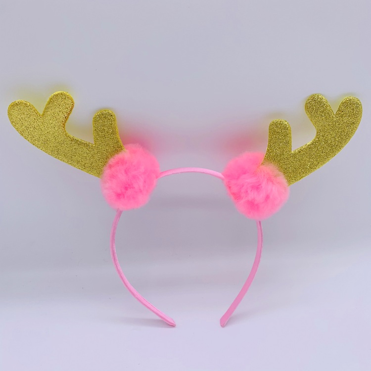 Pink Santa Headband Pom-Pom Hair Hoop Gold Glitter Reindeer Antler Headbands for Girls Woman
