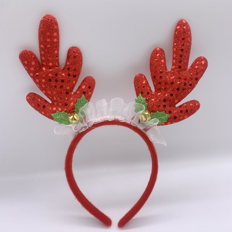 Red Sequin Christmas Reindeer Headband for Girls Boys Kids Adult, Jingle Bell Santa Headband
