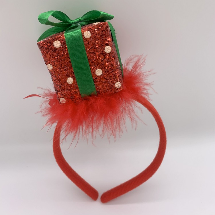 Red Sequin Christmas Headband for Girls Boys Kids Adult, Novelty Santa Accessories with Gift Box on Top