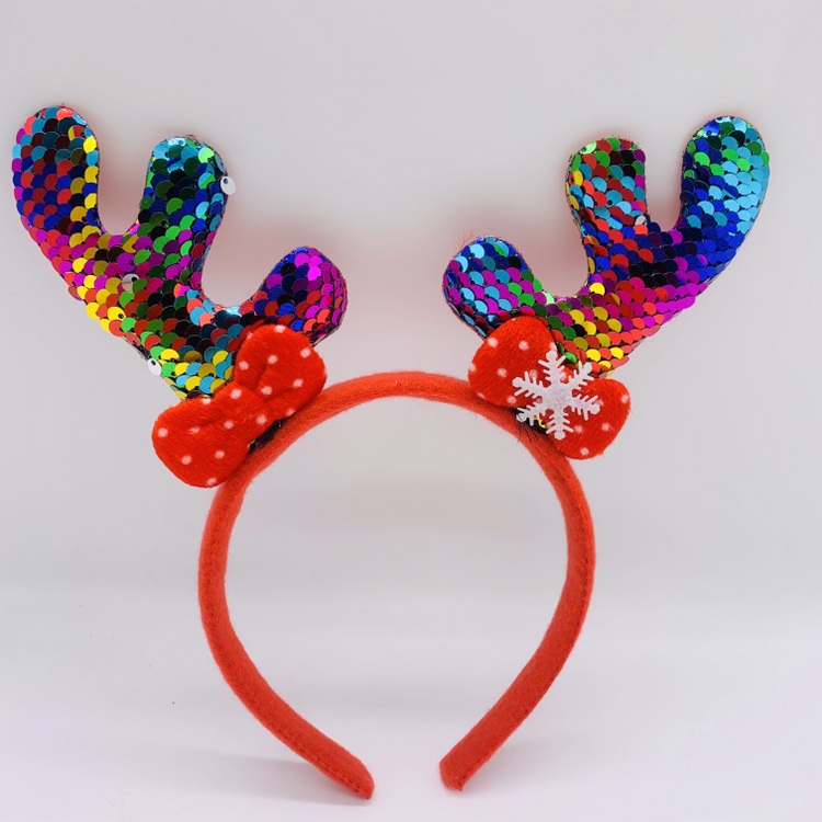 Sparkle Sequin Reindeer Antler Headbands with Snowflake & Bowtie, Rainbow Christmas for Girls