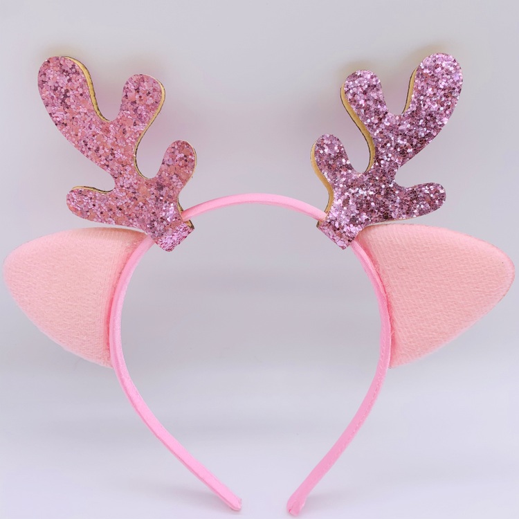 Pink Glitter Reindeer Antler Headbands with Cat Ears, Novelty Christmas Hair Hoop for Girls