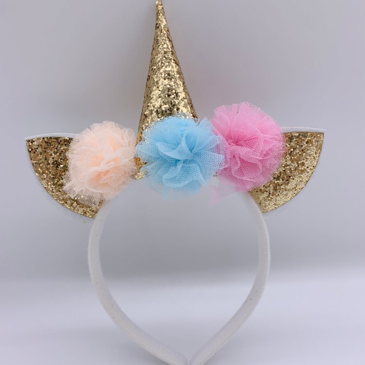 Gold Unicorn Kitty Ears Headband for Girls, Shiny Glitter Unicorn Hair Band Kids' Birthday Party Supplies