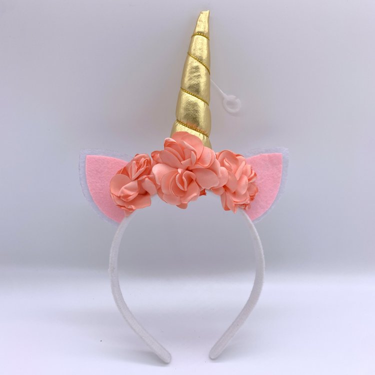 Gold Unicorn Headband with Kitty Ears, Floral Unicorn Hair Band for girls Birthday Party Supplies