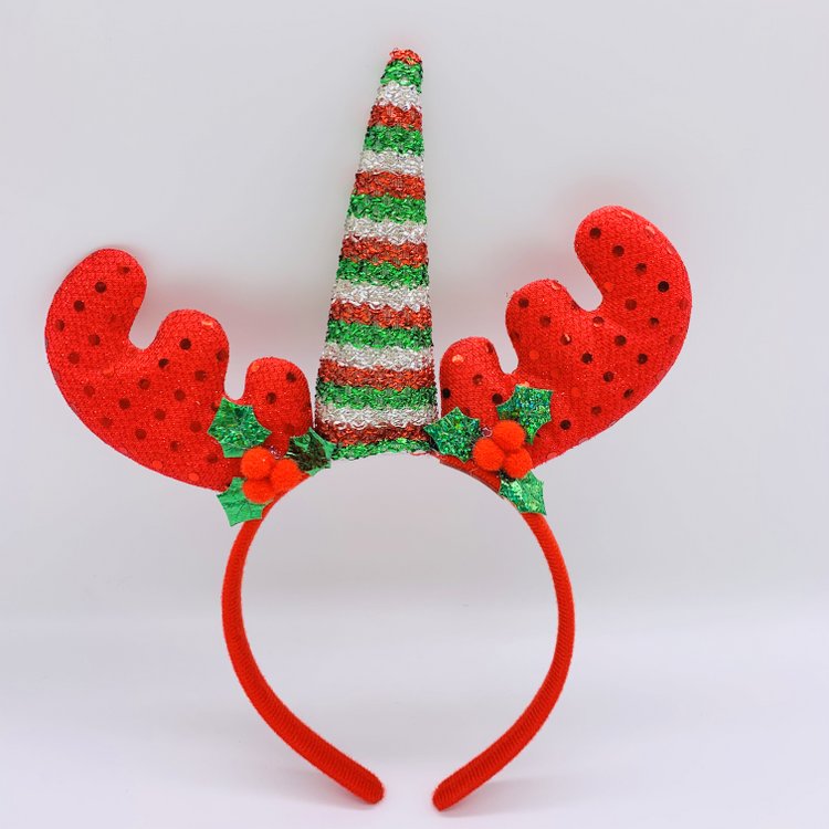 Christmas Unicorn HeadBand Reindeer Antler Hair Band for Boys Girls Kid Adult, Red Sequin Xmas Headdress with Mistletoe