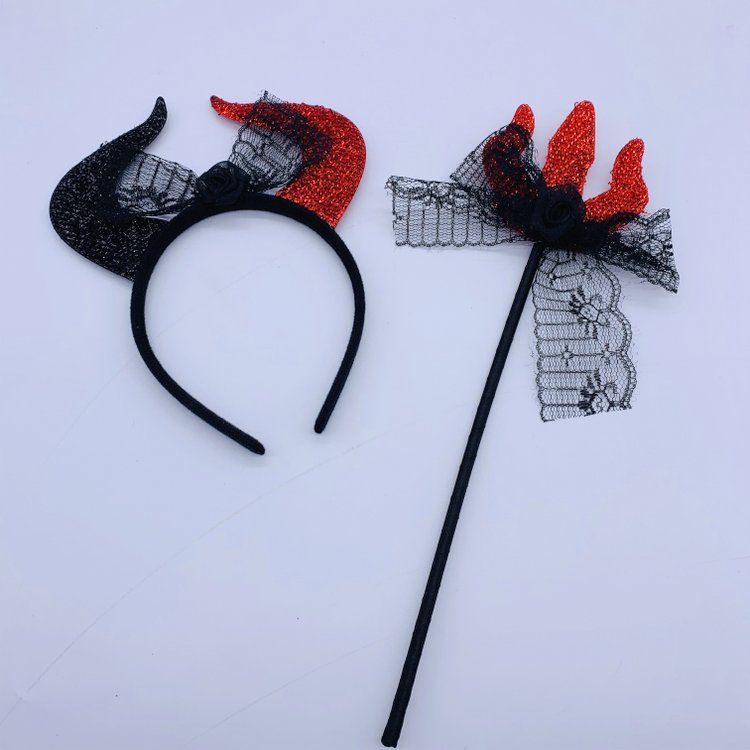 2pcs Halloween Costume Accessories Set Red Black Devil Horn Headband + Magic Wand Kids Halloween Party Supplies