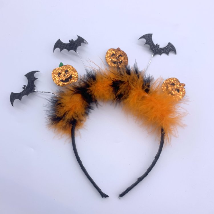 Jack-o'-Lantern Pumpkin Head Boppers Halloween Headband with Bat Hair Band Halloween Party Costume Accessories