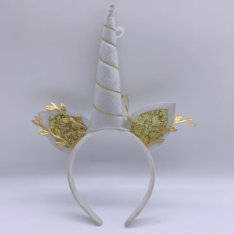 White Kitty Ears Unicorn Headband, Sparkly Gold Glitter Horn Hair Band for Baby Girls Birthday Party Favor