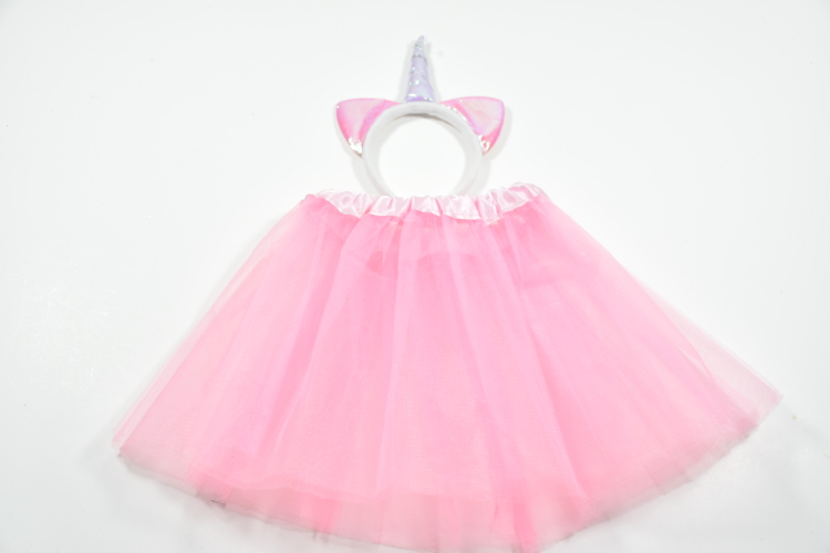 Pink TUTU Skirt + Unicorn Headbands Birthday Outfit, 2 PCS Tulle Skirt Set for Girls
