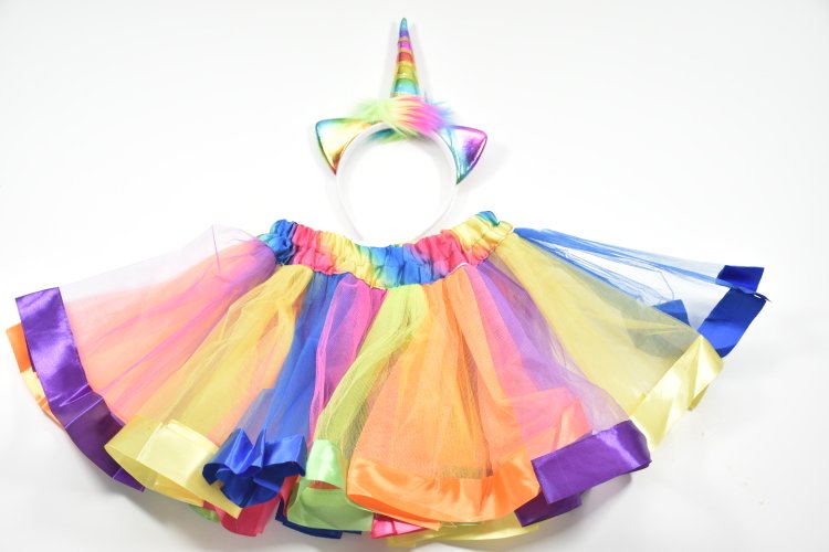2 pcs Girls Unicorn Costume Set Rainbow Tutu Skirt + Unicorn Horn Headband for Birthday Party Outfit