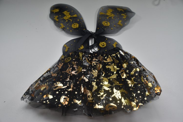 Black Halloween Fairy Wings & TUTU Set for Girls Kids Glitter Dress Up Party Costumes